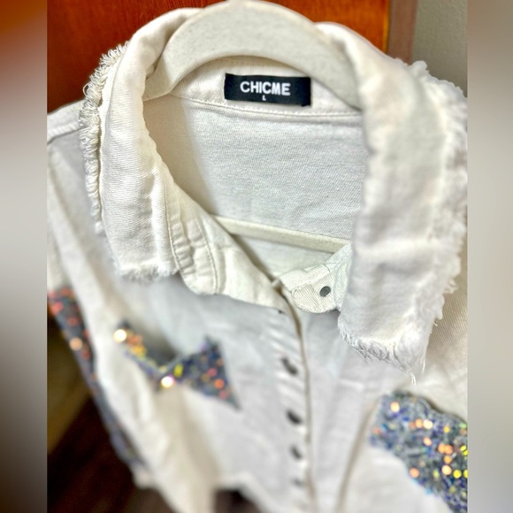 CHICME Women White Denim Shirt Glittered Silver Spandex Fabric, Size Large - Picture 3 of 6